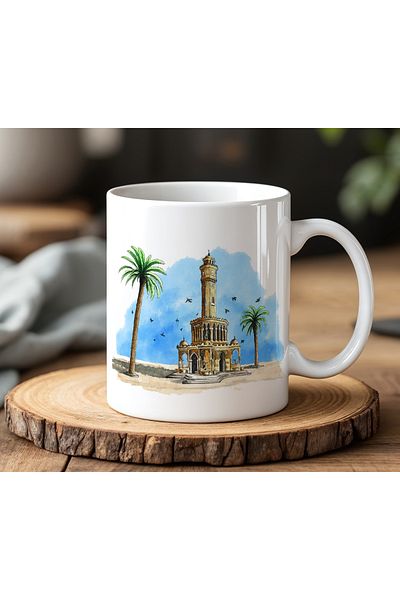 BB TRADE Izmir Clock Tower Designed White Ceramic Printed Mug Cup 330ml