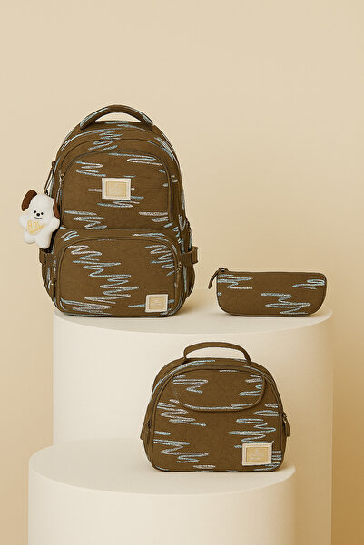 nacar çarşı Girl's Zigzag Patterned Brown 3-Piece School Bag Korean Style Plu...