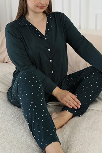 Siyah İnci Green Patterned Large Size Oversized Oversized Shirt Collar Buttoned Milan Knitted Pajamas Suit25224307