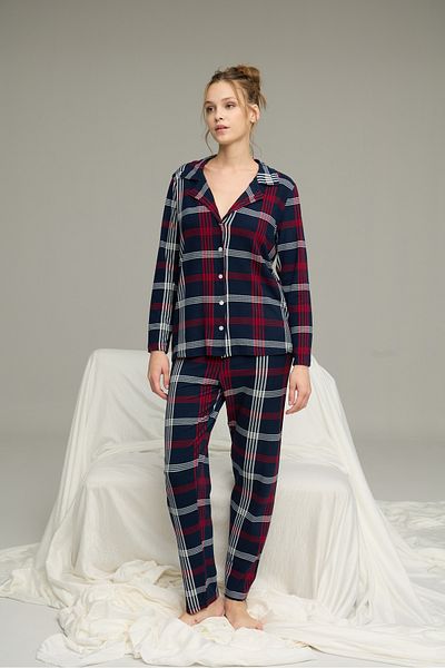 Siyah İnci Navy Blue Plaid Patterned Shirt Collar Buttoned Milan Knitted Pajamas Suit25224027