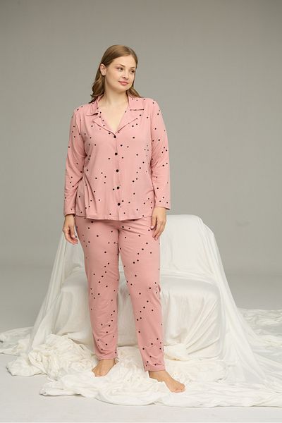 Siyah İnci Powder Patterned Large Size Oversized Shirt Collar Buttoned Milan Knitted Pajama Set25224330