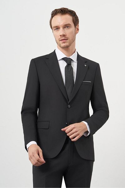 Morven Men's Black Wool Slim Fit Mono Collar Suit
