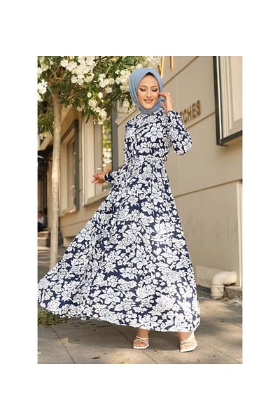 hazelin Women's Navy Blue Patterned Judge Collar Summer Long Dress Hzl25W-Bd122971