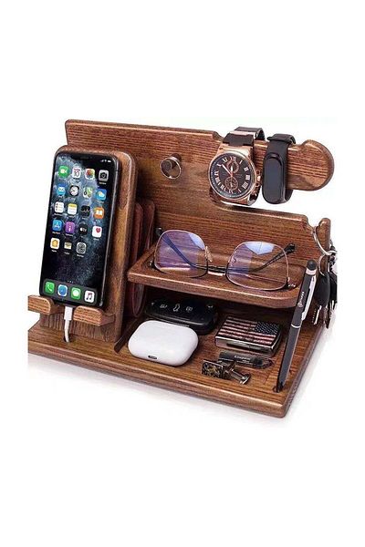 tayyiben bazaar Wood Phone Docking Station Key Holder Watch Desk Organizer Gifts for Men and Women Desk Accessories