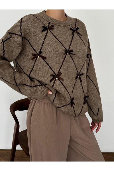 fujya Bow and Stone Detailed Patterned Oversize Knitwear Sweater Mink