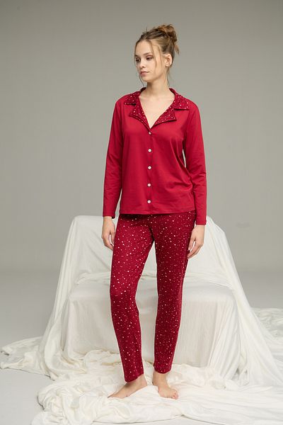 Siyah İnci Burgundy Star Patterned Shirt Collar Button Milan Knitted Pajamas Suit25224025