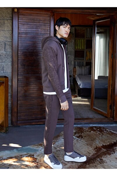 SPORTEMPT Kolları Yün Detaylı Kapüşonlu Fermuarlı Erkek Hoodie - Kahverengi