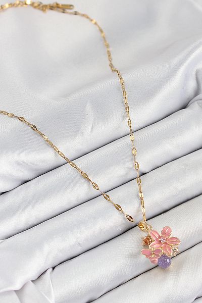 SeyCey.co 316L Steel Zircon Stone Bee Detailed Pink Flower Model Gold Color Women's Necklace