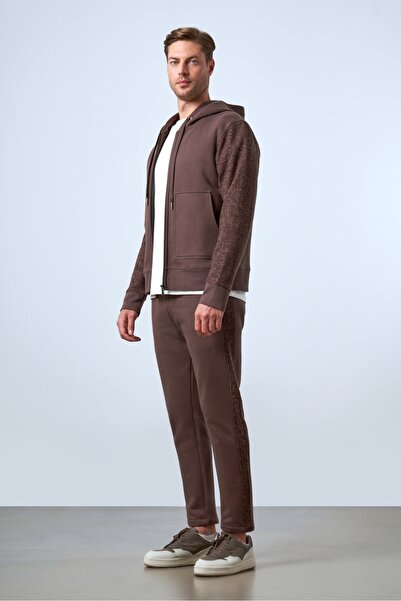 SPORTEMPT Kolları Yün Detaylı Kapüşonlu Fermuarlı Erkek Hoodie - Kahverengi