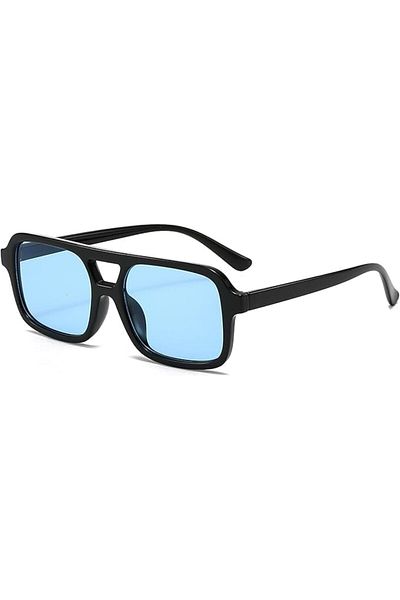 Generic Retro Square Aviation Sunglasses – Black Frame with Blue Lenses – UV400 – Unisex