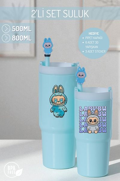 Nandy Home Labubu Themed Set of 2 Colorful Water Bottles, 500ml. And 800ml. - Pipette Cover, 3D Sticky and Label Gift