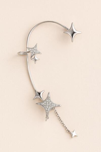 skycott sağ tam kulak Gümüş Renk kanca kıkırdak Yıldızı Figürlü Taşlı Kulak Aksesuarı (Tek)