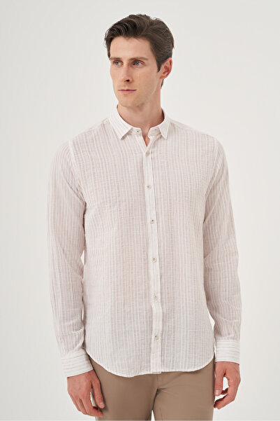 Morven Men's Beige Linen Trend Dynamic Fit Britli Collar Shirt