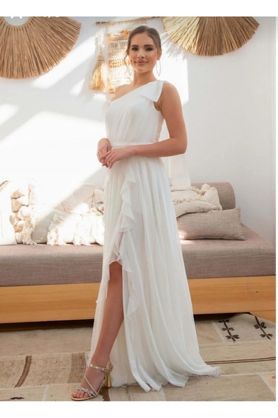 Carmen Ekru Şifon Tek Omuzlu Uzun Abiye Nikah Elbisesi Ve Dış Çekim Elbisesi