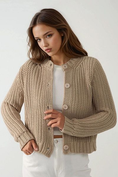 Hiccup Textured Knitted Circle Neck Long Cardigan