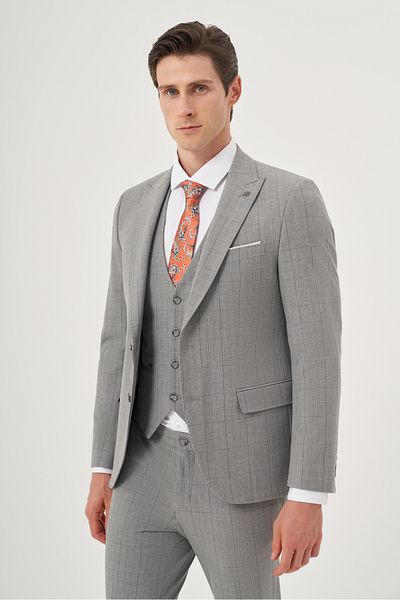 Morven Men's Gray Polyviscon Trend Vest Plaid Slim Fit Pointed Collar Suit