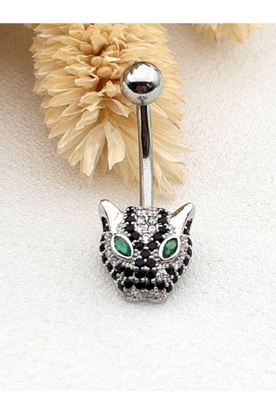 Siya Silver Zircon Stone Steel Tiger Figured Navel Piercing - 2.8 cm