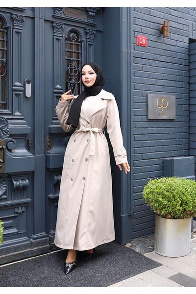 Hb Harma Time Butik Women's Belted Double Button Lined Bondit Mink Trench Coat