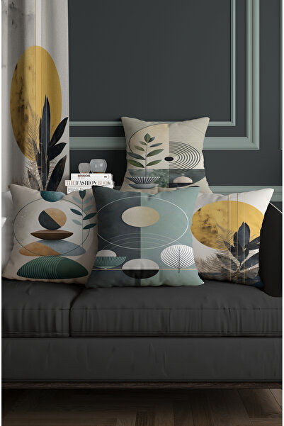 ALAMODECOR Синя скандинавска ваза и бохемски мотив с листа, комплект от 4 броя калъфки за възглавници с дигитален печат