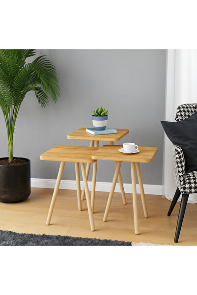 PEKA Zigon Sehpa Doğal Ahşap Ayaklı 3’lü Set Kare