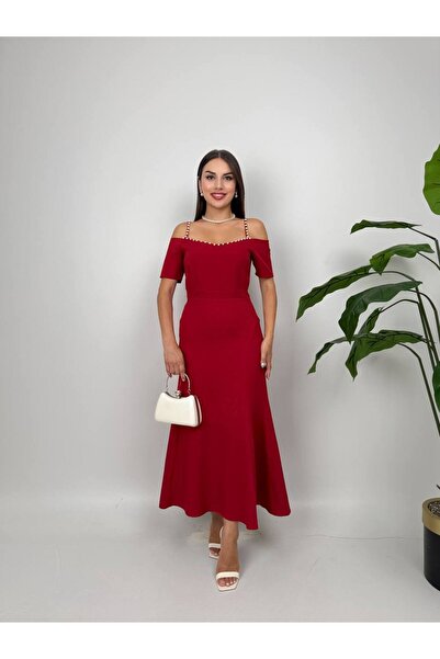 Fade inci detaylı kol güllü askılı elbise