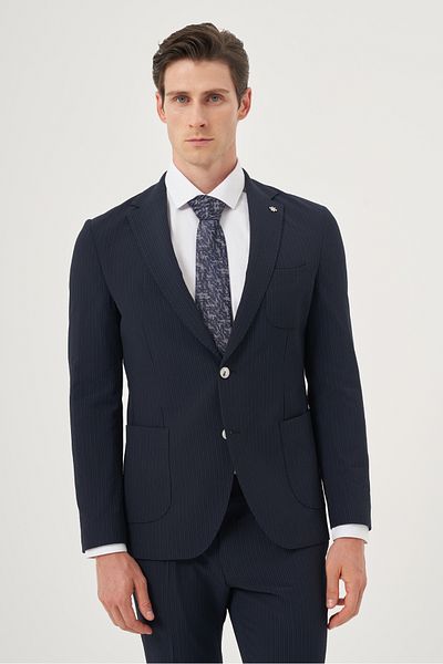 Morven Men's Navy Blue Polyviscon Trend Striped Slim Fit Mono Collar Suit