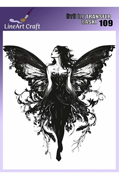 LİNEART Kara Melek Desenli Ütü İle Transfer Baskı & Kumaş Transfer No:KMŞ109-...