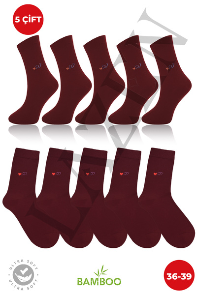 Lazen 5 Çift Kadın Bambu Desenli Soket Çorap - Kalp Desenli -Dikişsiz Esnek Yapı - Yumuşak Konforlu -Bordo