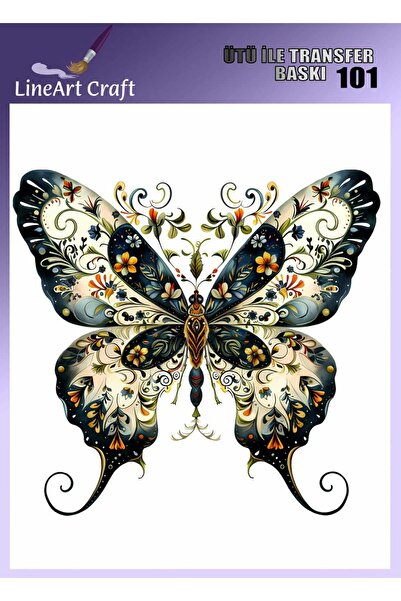 LİNEART Kelebek Desenli Ütü İle Transfer Baskı & Kumaş Transfer No:KMŞ101-18x...