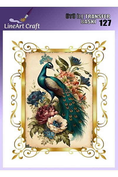 LİNEART Tavus Kuşu Çerçeve Desenli Ütü İle Transfer Baskı & Kumaş Transfer No...