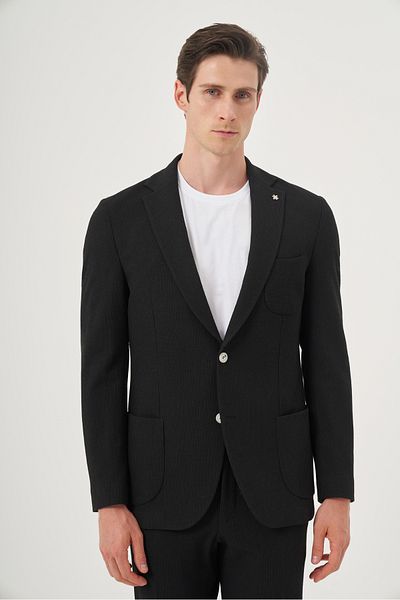 Morven Men's Black Polyviscon Trend Striped Slim Fit Mono Collar Suit