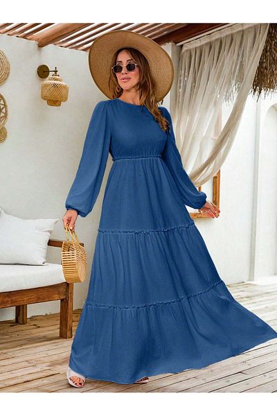 BLUSS Women's Khaki Long Sleeve Layered Summer Bohemian Maxi Dress