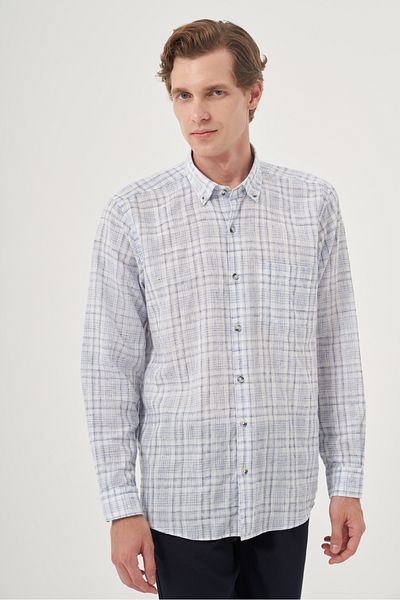 Morven Men's Navy Blue Linen Trend Regular Fit Buttoned Collar Shirt