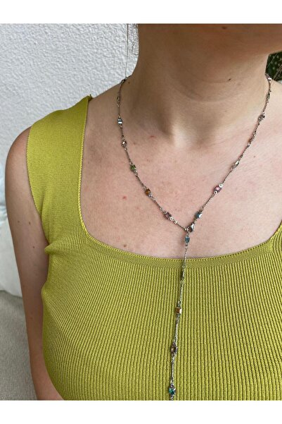 marsel aksesuar Steel Colored Stone Square Y Model Adjustable Silver Necklace