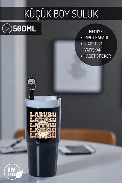 Nandy Home Labubulu Themed Small Size Colorful Water Bottle, 500ml. – Pipette Cover, 3D Adhesive and Label Gift