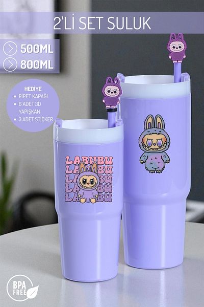 Nandy Home Labubu Themed Set of 2 Colorful Water Bottles, 500ml. And 800ml. - Pipette Cover, 3D Sticky and Label Gift