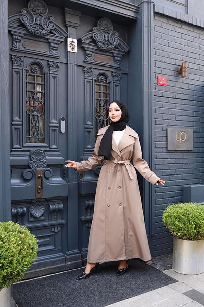 Hb Harma Time Butik Women's Belted Double Button Lined Bondit Beige Trench Coat