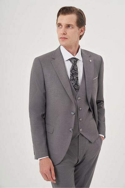 Morven Men's Gray Polyviscon Slim Fit Mono Collar Vest Suit