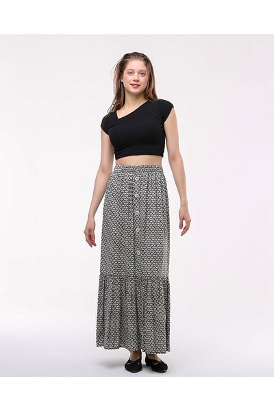 BNZ TEKSTİL Long Front Buttoned Gypsy Skirt with Single Ruffle
