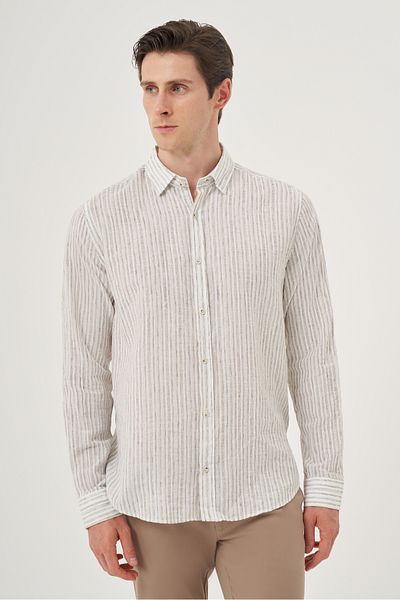 Morven Men's Green Linen Trend Dynamic Fit Brit Collar Shirt