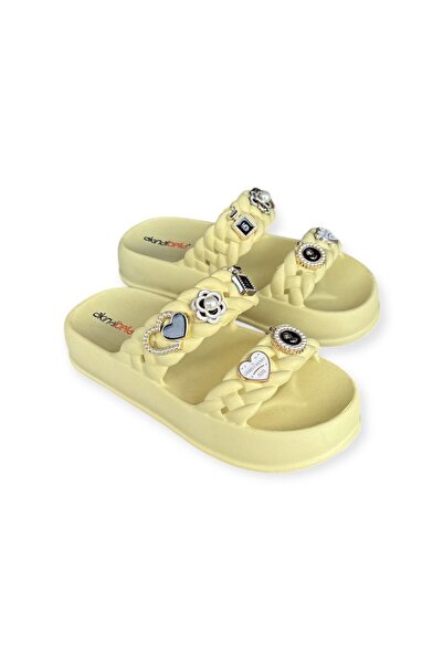 AkınalBella Women's Soft Yellow Stone Double Band Soft Soft Sole Slippers