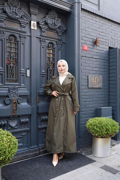Hb Harma Time Butik Women's Belted Double Button Lined Bondit Khaki Trench Coat