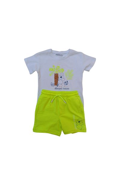 fancykidsantalya Girls' Double Suit – Silence Please Printed White T-Shirt Yellow Shorts
