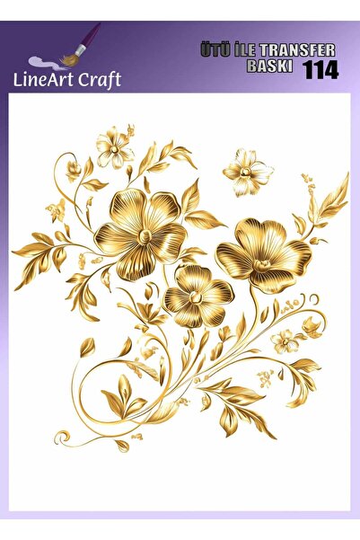 LİNEART Altın Çiçek Desenli Ütü İle Transfer Baskı & Kumaş Transfer No:KMŞ114-18x20cm