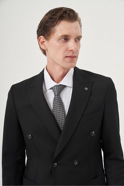 Morven Men's Black Polyviscon Trend Straight Slim Fit Pointed Collar Double Breasted Suit