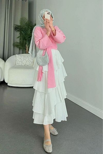 GALAVİP Women's Spanish Sleeve Waist Tie Shirt Suitable for Hijab Pink