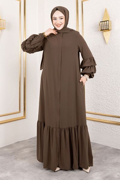 Tesettür Dünyası Double Balloon Sleeve Detailed Skirt Flounced Ferace Tsd250135 Mink