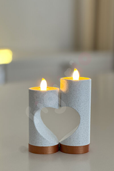 figurio Dekoratif Kalp Detaylı Led Mumluk / İkili Set / 2 Adet Led Mum Hediye