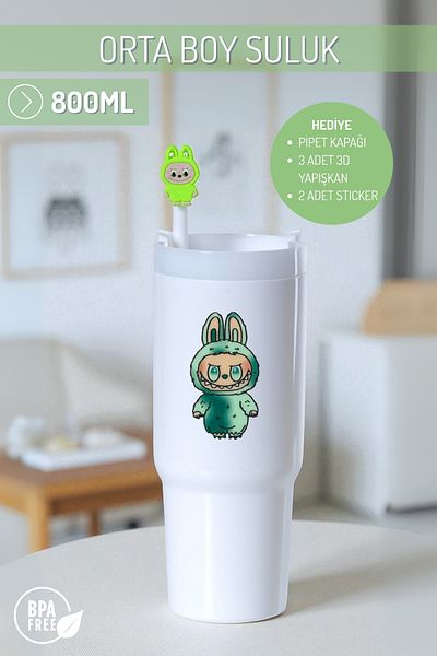 Nandy Home Labubulu Themed Medium Size Colorful Water Bottle, 800ml. – Pipette Cover, 3D Adhesive and Label Gift