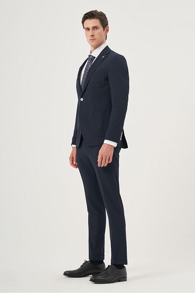 Morven Men's Navy Blue Polyviscon Trend Striped Slim Fit Mono Collar Suit